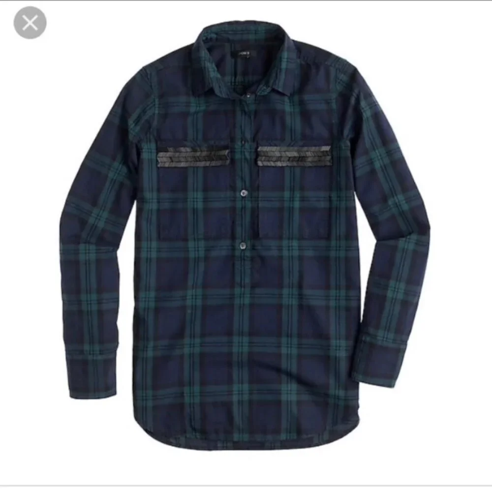 J. Crew Blue Green Tartan Plaid Beaded Pockets Popover Top Size 2